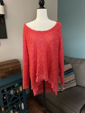 Boston Proper Coral Knit Sweater with Sequins and Lace Hem